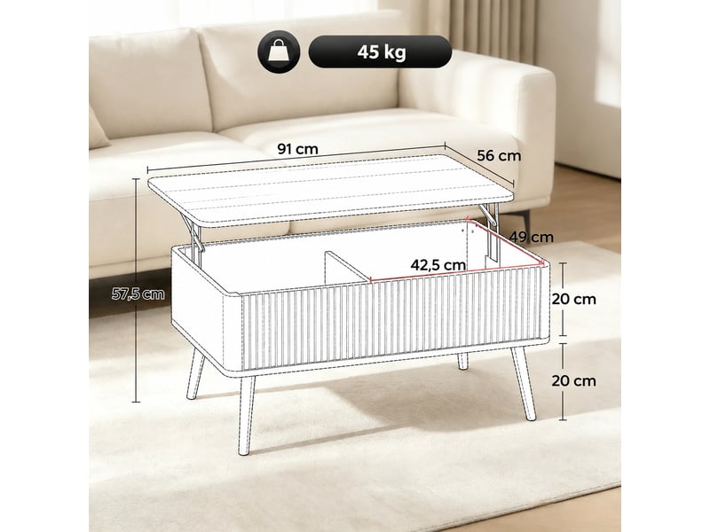  Table basse à plateau relevable avec compartiments de rangement cachés, table de salon moderne couleur chêne, 91x56 cm  - Conforama C