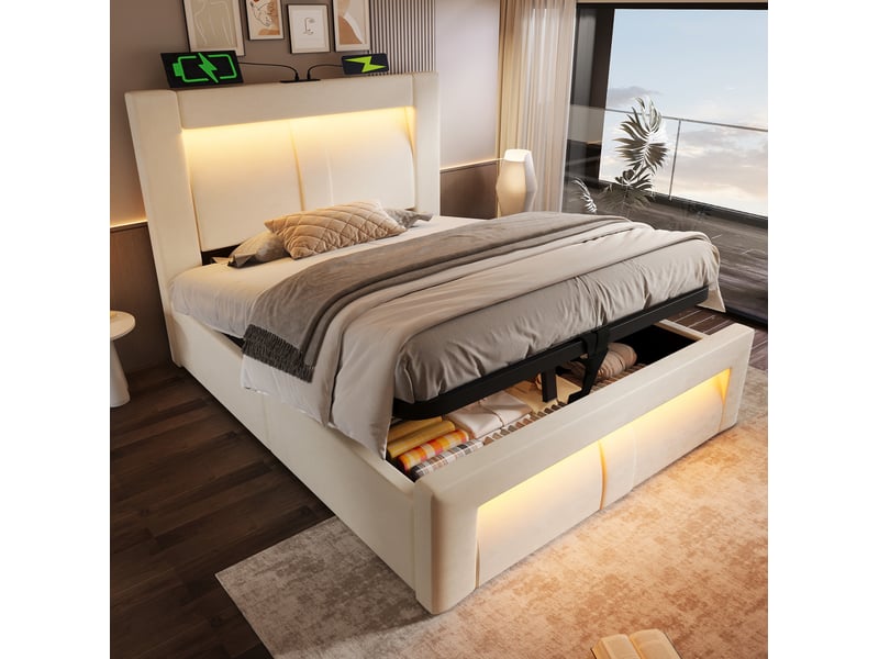 Lit coffre 90x200 cm, rangement sous-lit, led pilotable via appli, usb type-c intégrés, velours beige, sans matelas - Conforama R