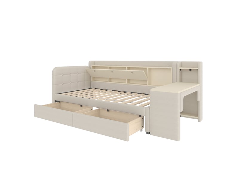  Lit simple pour enfant, 90×200cm, lit de repos, avec 2 tiroirs, bureau, usb + type c, compartiment de rangement, lin, beige  - Conforama A