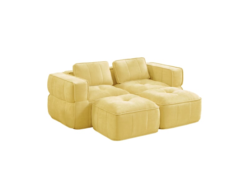  Canapé modulable 2 places avec 2 poufs en polyester jaune  - Conforama E