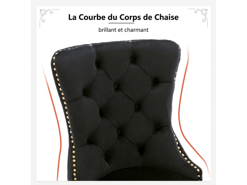  Lot de 6 chaises de salle à manger en velours noir, pieds en acier inoxydable doré, anneau au dos  - Conforama E