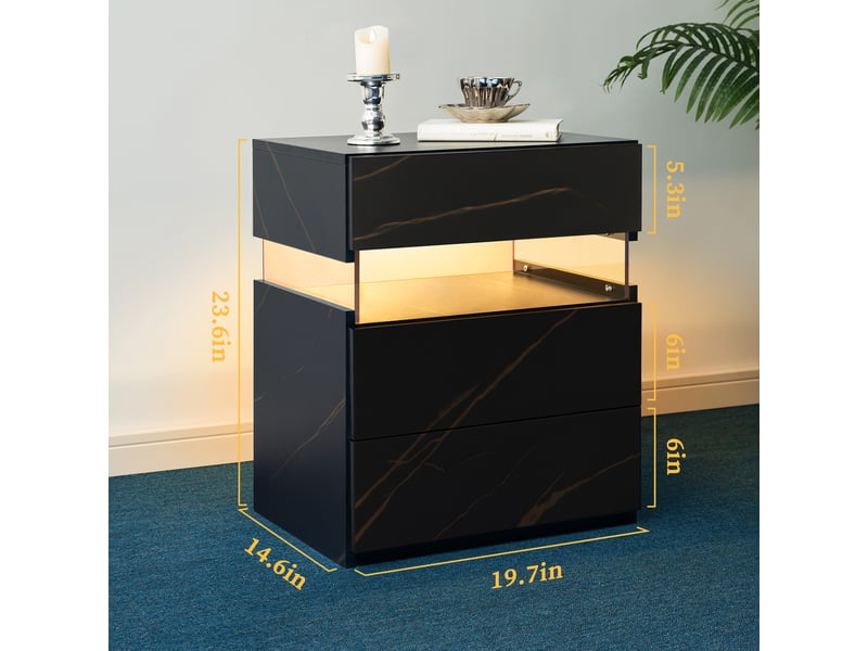  Table de chevet avec 3 tiroirs et led rgb pour chambre en bois d’ingénierie noir et or  - Conforama E