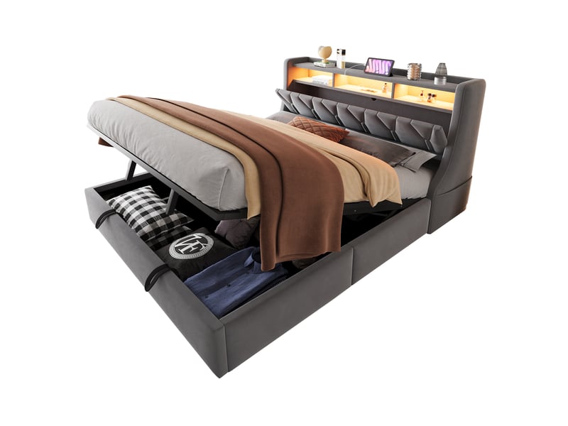 Lit double 180 × 200 cm avec rangement hydraulique, tête de lit rabattable, led et prises intégrées, chambre, gris - Conforama A