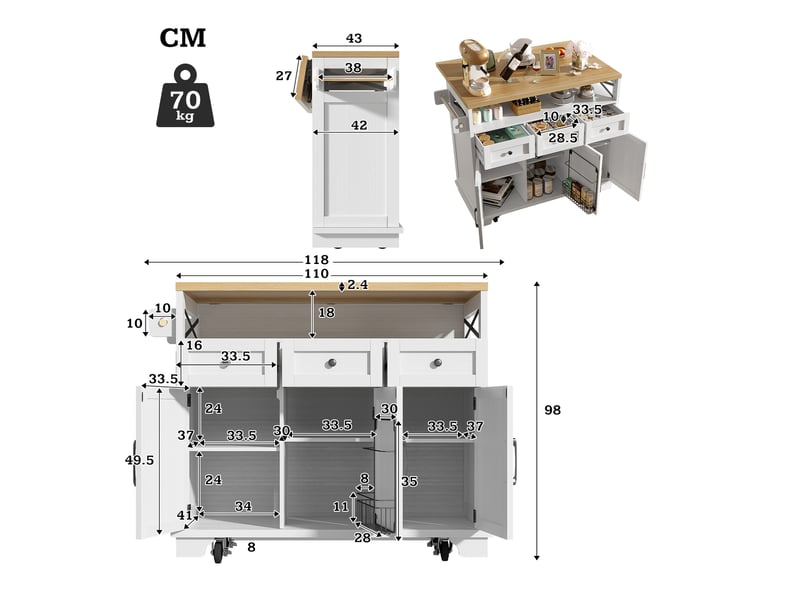  Îlot de cuisine blanc avec plateau rabattable, chariot de cuisine à roulettes avec rangement multifonctionnel, 118x43x98cm  - Conforama D