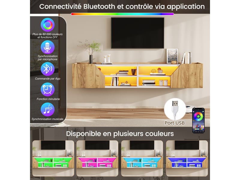 Meuble tv mural 180 cm blanc et naturel, led bluetooth, 2 portes, 6 rangements et passe-câbles Fay Lum - Conforama E