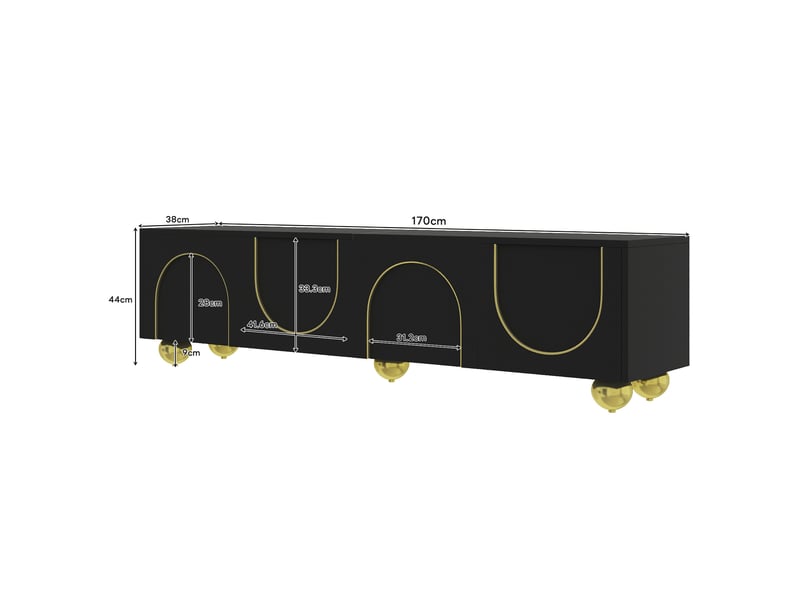  Meuble tv 4 portes avec étagères et ouverture push pour salon 170×38×44 cm noir et or  - Conforama E