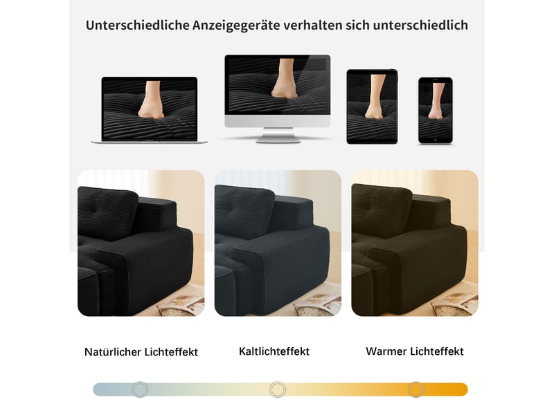  Canapé modulable l noir 3 places en velours côtelé avec ottoman et dossier galbé pour salon  - Conforama R