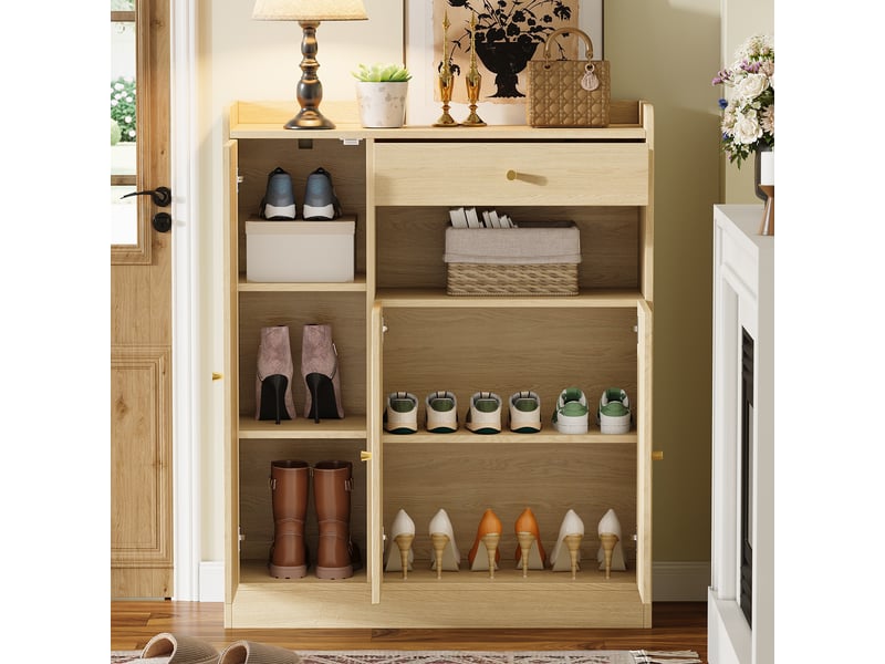  Meuble à chaussures 90x35x110 cm avec 3 portes effet cannage, 1 tiroir et étagères réglables - Naturel Fay Lum - Conforama B