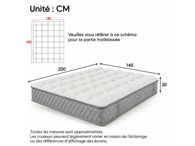  Matelas 140 x 200 cm, ressorts ensachés + mousse, 7 zones, soutien ferme h3, épaisseur 20 cm, certifié oeko-tex, blanc  - Conforama C
