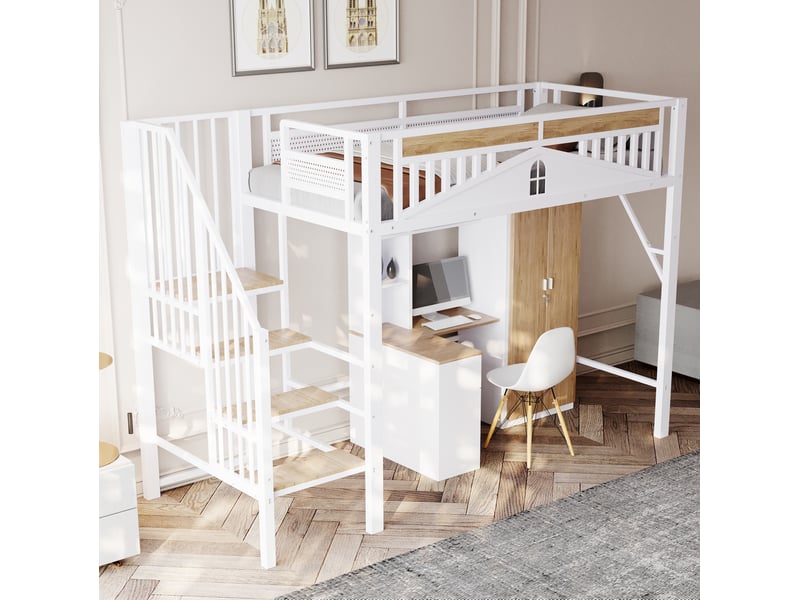  Lit mezzanine 90x200 cm avec échelle sécurisée et espace de rangement, coloris blanc  - Conforama D