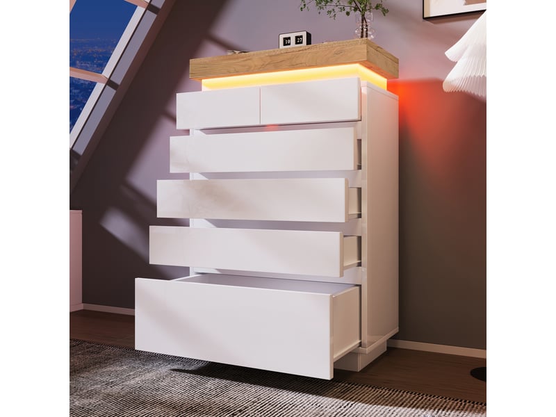  Commode haute blanc brillant 73 cm, 6 tiroirs et led Fay Lum - Conforama D