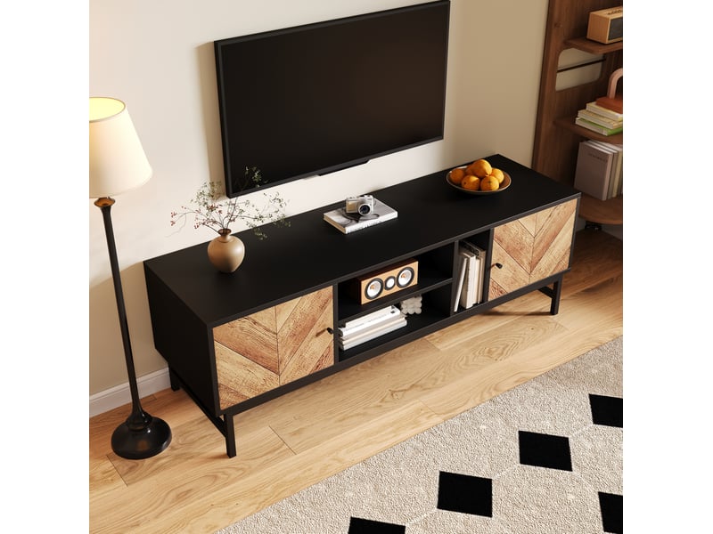  Meuble tv modenvie 150 x 38 x 50,5 cm noir et décor bois avec rangements  - Conforama E