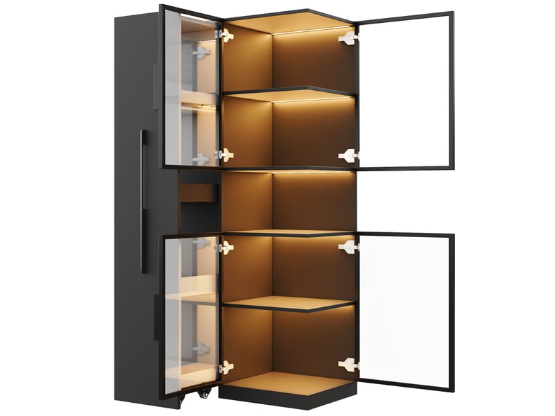  Vitrine avec étagère coulissante, 70x38x160 cm, armoire multifonction avec porte en verre et éclairage led, noir  - Conforama E