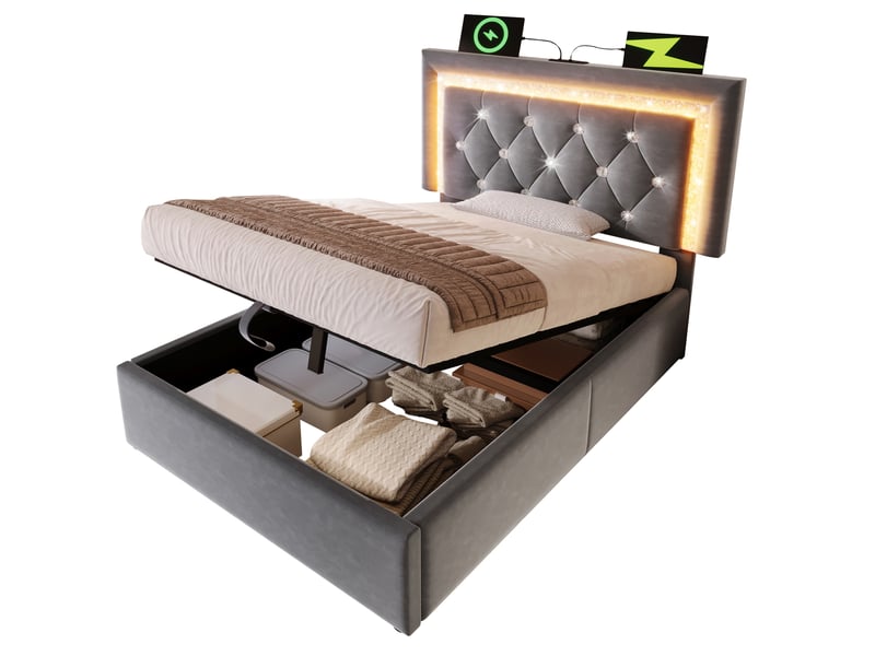  Modenvie lit coffre 90x200 cm - tête capitonnée avec led, ports usb et usb-c - avec matelas - gris  - Conforama A
