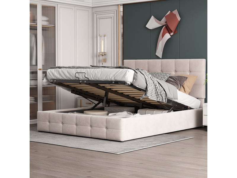  Lit capitonné 140*200 cm blanc crème, cadre hydraulique avec coffre, tête réglable et sommier en velours  - Conforama C