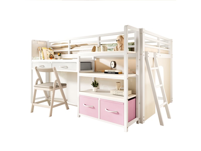  Lit mezzanine enfant 140x200cm avec bureau, lit surélevé avec tiroirs en tissu, étagères ouvertes, rideau et led multicolore, structure métal, blanc Seren Glow - Conforama A