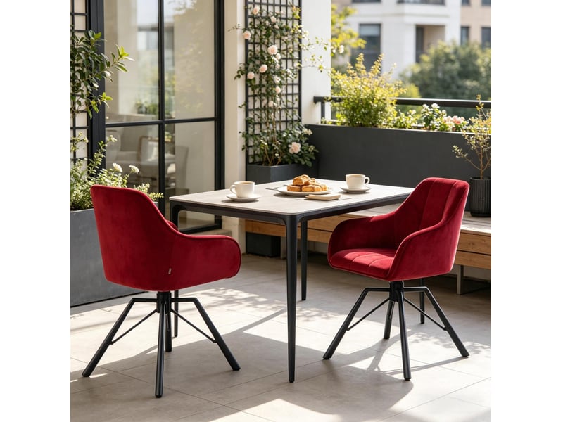Lot de 2 chaises de salle à manger pivotantes 360° en velours rouge vin, avec accoudoirs et pieds métal noirs - Conforama B