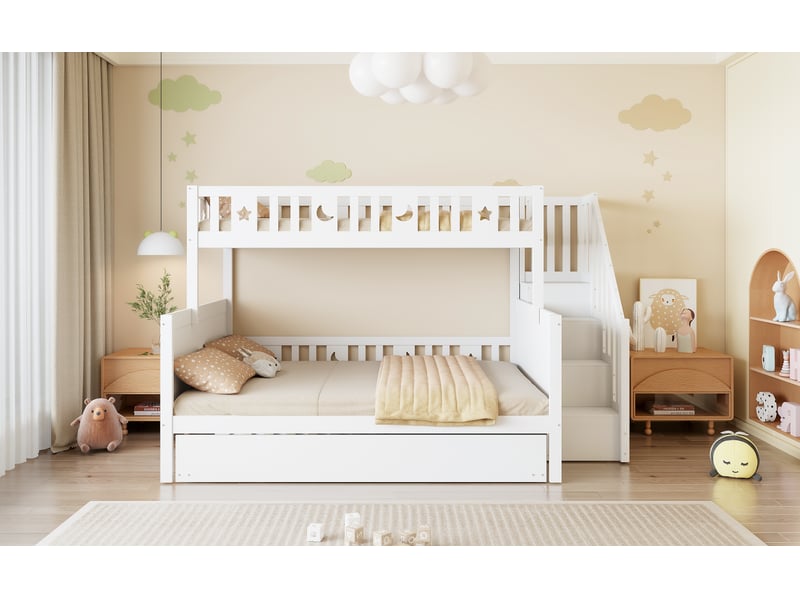  Lit superposé enfant 200×90 cm et 200×140 cm avec couchage gigogne et escalier de rangement, sans matelas, blanc  - Conforama C