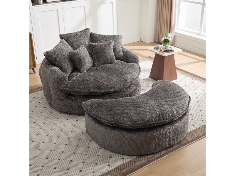 Canapé lounge xxl 1 place 190,5x138x63 cm, chaise longue ronde en polyester, assise profonde en mousse haute densité, coussins, sans montage, gris - Conforama D