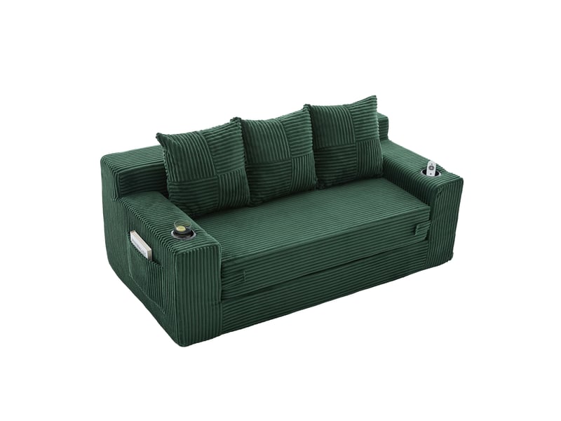  Canapé modulable 3 places modenvie en velours côtelé vert émeraude avec porte-gobelets et poches latérales 172 x 87 x 64 cm  - Conforama A