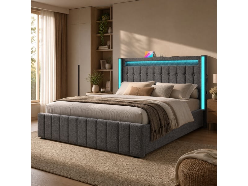 Lit double avec rangement 160 x 200 cm gris avec led, usb et usb type-c - Conforama C