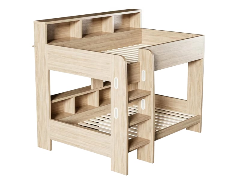 Lit superposé 90 × 200 cm, niches aux deux niveaux, led, prises et échelle large, contreplaqué et mdf, ton naturel - Conforama E