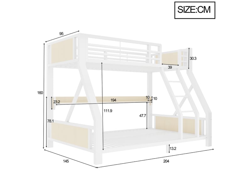Lit superposé métal 90x200 et 140x200 cm, lit simple haut, lit double bas, casier, led, structure fer et bois, gain de place chambre enfant blanc - Conforama C