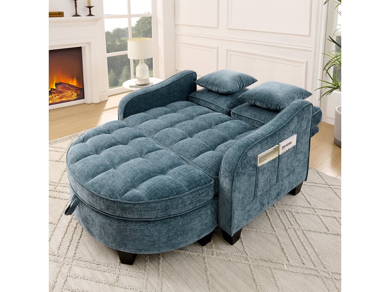 Canapé convertible, canapé-lit – en tissu, avec pouf, bleu - Conforama W