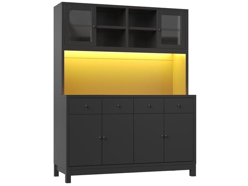  Buffet 140 x 38 x 180 cm à portes vitrées éclairage led rgb piloté par application 4 tiroirs étagères réglables charge jusqu’à 100 kg coloris noir  - Conforama A