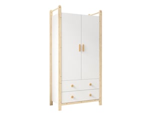 Armoire penderie 2 portes et 2 tiroirs avec tringle blanc et naturel