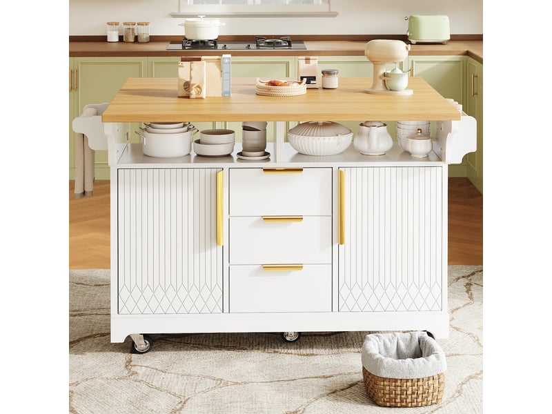 Îlot de cuisine extensible 120-197 cm sur roulettes, plateau rabattable des deux côtés, 3 tiroirs, placard et tablettes réglables - blanc - Conforama C