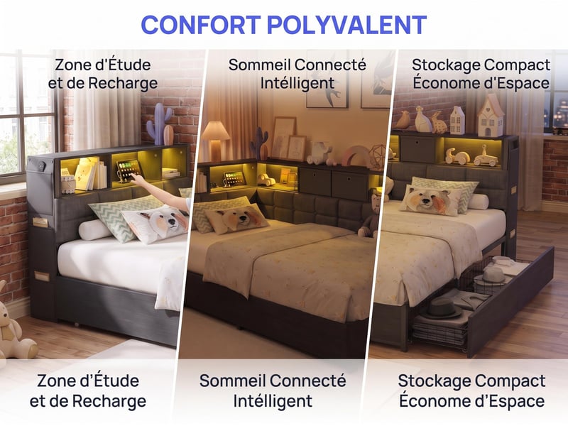  Lit adulte 90 x 200 cm – éclairage led – ports usb –  2 tiroirs - sommier à lattes - espace de rangement sous le lit - lin gris  - Conforama C