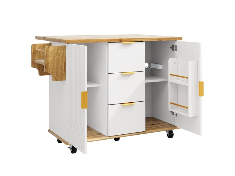 Desserte de cuisine 134x46x88 cm blanche en mdf et métal, plateau rabattable, 3 tiroirs et prises intégrées - Conforama D