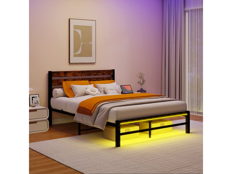  Lit métal 120 × 200 cm 2 places avec led rgb, rangement sous le lit et tête de lit, sans matelas, brun antique  - Conforama B