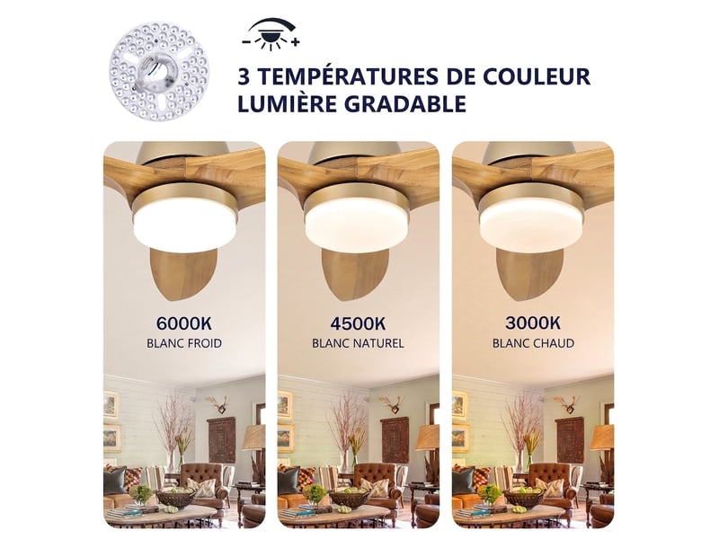  Ventilateur de plafond 92 cm, pales en bois massif naturel, moteur dc réversible silencieux avec lumière dimmable pour salon et chambre  - Conforama B