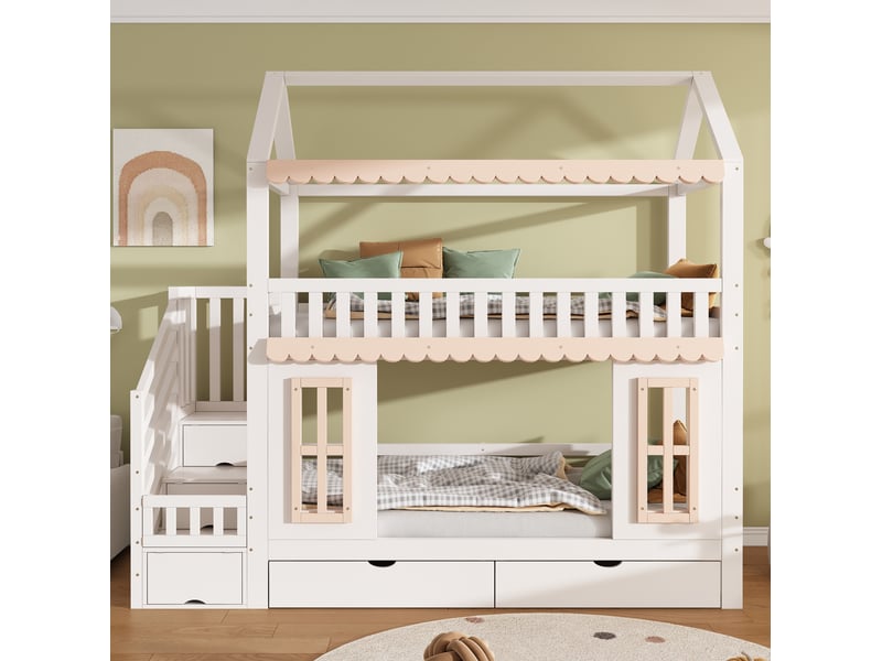  Lit superposé enfant 90x200 cm forme maison blanc et naturel avec rangements  - Conforama B