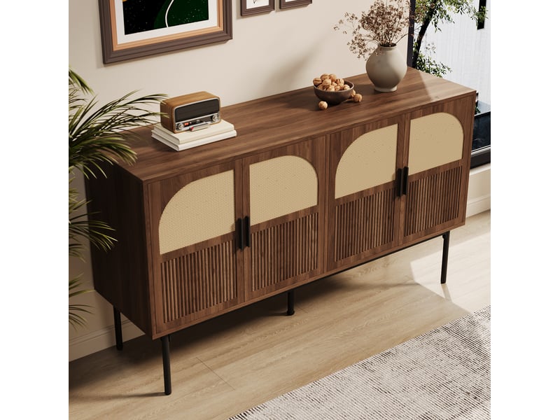 Buffet 4 portes en mdf naturel et rotin 140 x 40 x 80 cm  - Conforama C