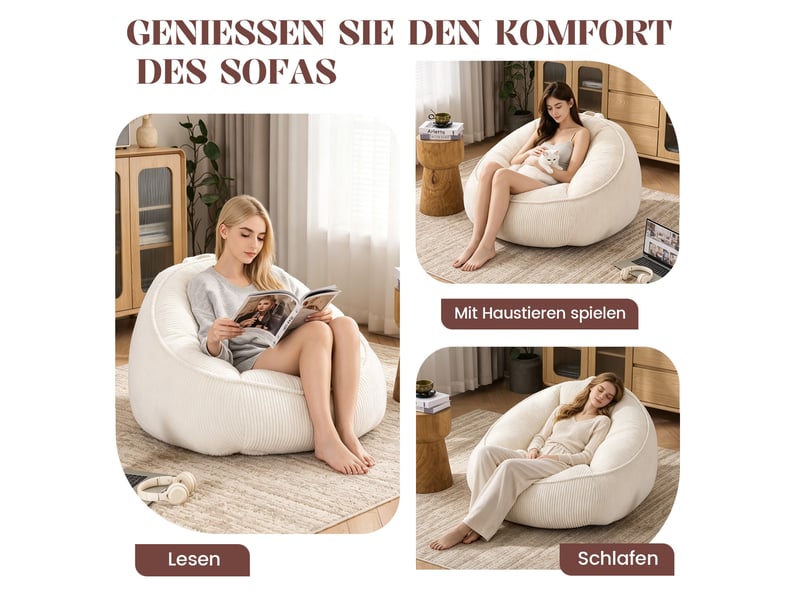  Pouf  90 x 90 x 59 cm avec dossier ergonomique, en velours côtelé beige, mousse à mémoire de forme, pour adultes et enfants  - Conforama D