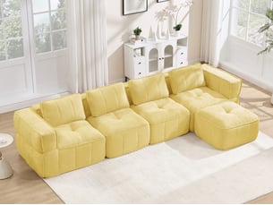 Canapé d'angle modulable 4 places en polyester, forme l avec pouf, jaune