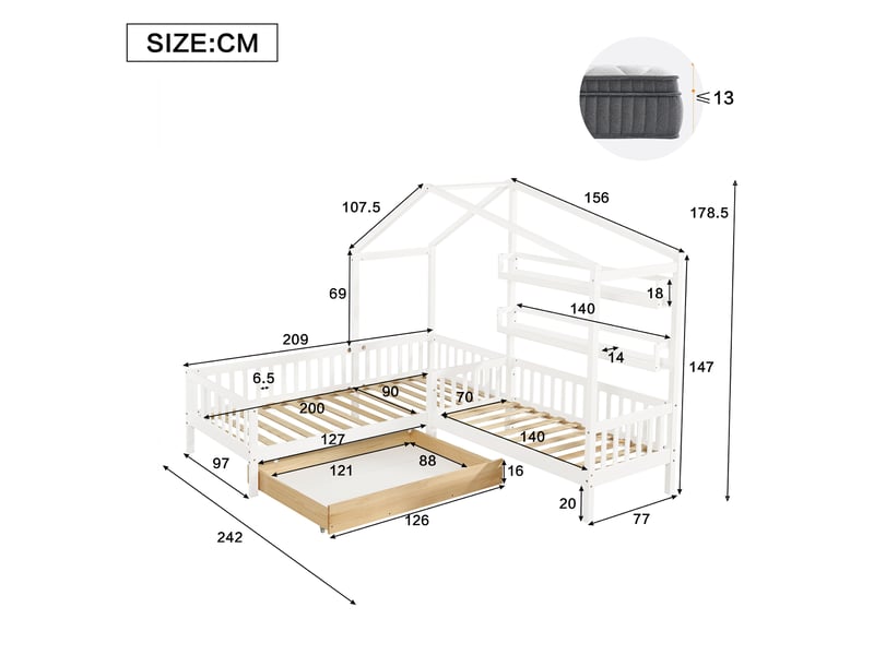  Lit cabane enfant 90x200 cm+140x70 cm avec tiroirs et étagères, bois massif avec barrière et sommier a lattes, structure en l, blanc  - Conforama W