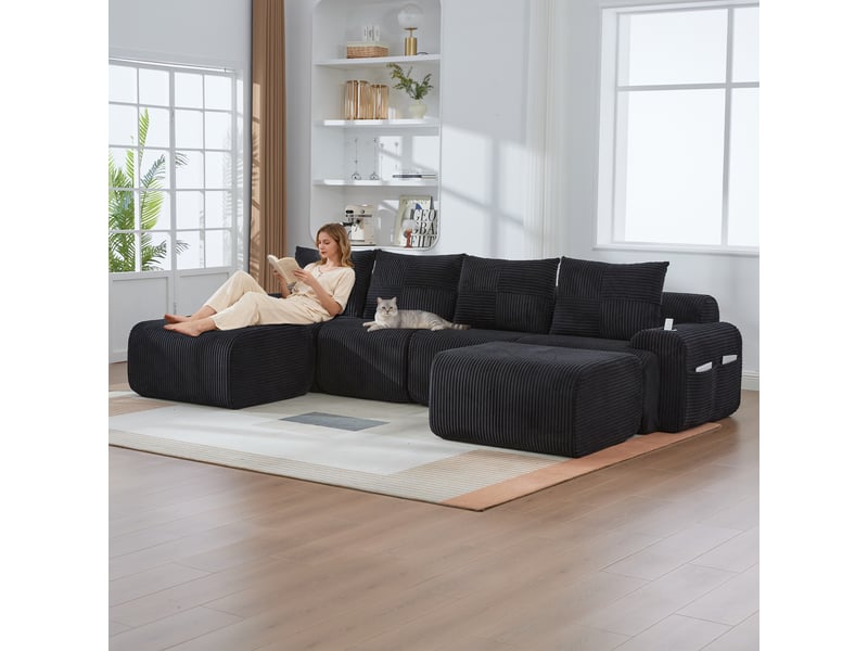 Canapé modulable, canapé de salon — porte-gobelets, en velours tricoté, noir - Conforama C