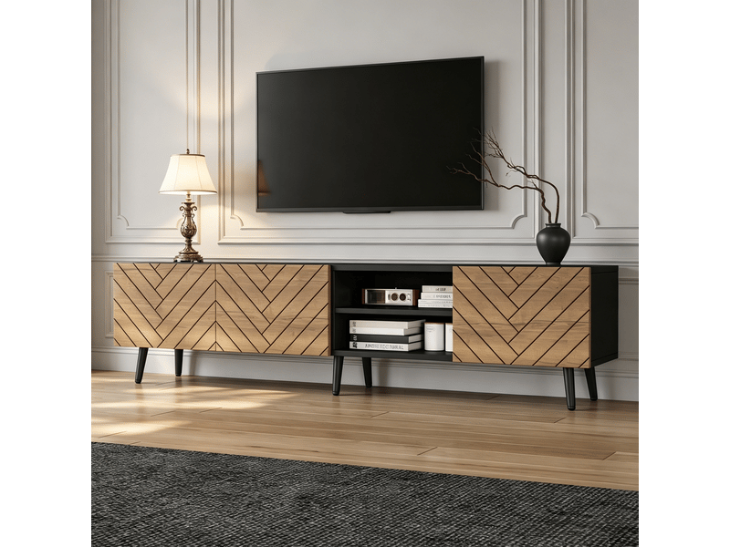  Meuble tv 180 cm pour télévision jusqu'à 75 pouces, meuble tv noir et bois avec rangement, portes et passe-câbles  - Conforama D
