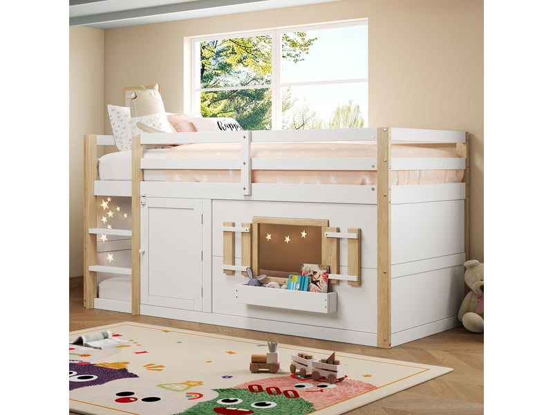 Lit mezzanine enfant 90x200 bois massif blanc multifonction avec échelle et espace de jeu inférieur - Conforama E