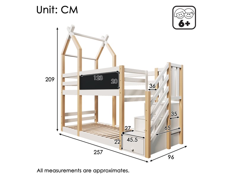  Lit superposé enfant 90x200, lit cabane avec tableau noir et barrière de sécurité, naturel et blanc  - Conforama C