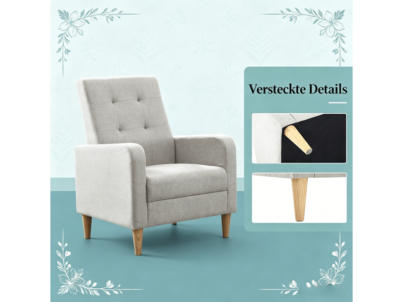  Fauteuil de salon à dossier haut légèrement incliné avec accoudoirs, capitonné en lin gris clair, 51 × 48 cm  - Conforama E