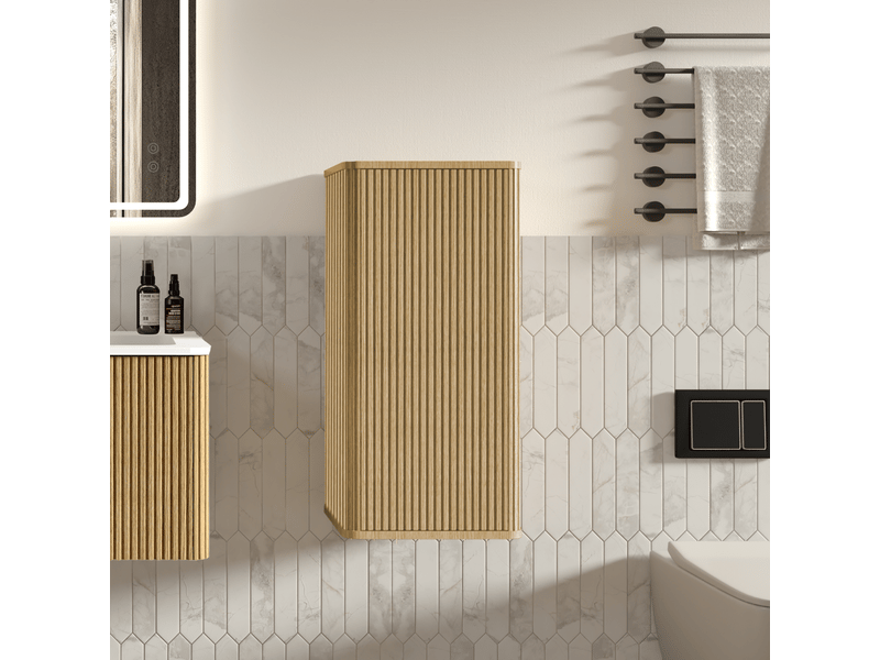  Meuble sous vasque suspendu avec colonne de rangement et vasque en pierre blanche pour salle de bain en mdf chêne  - Conforama E