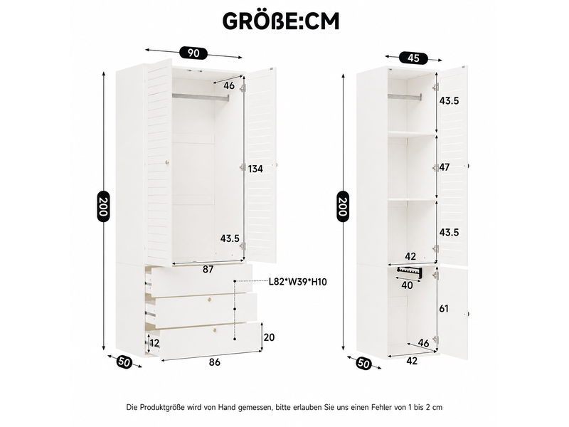 Armoire tcqpz 3 portes à lamelles 135 x 50 x 200 cm 3 tiroirs 2 tringles porte-pantalons panneau de particules blanc  - Conforama C