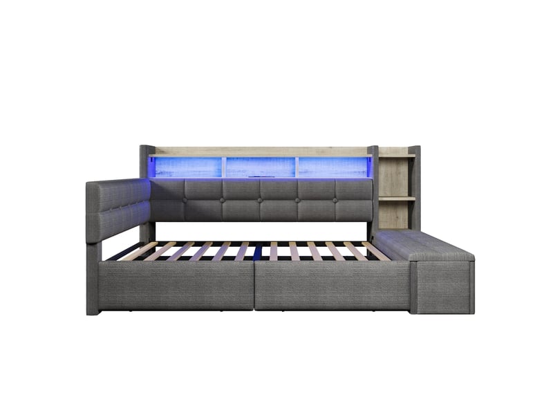  Lit banquette gris foncé 140x190 cm avec tiroirs, led, usbtype-c, velours, rangement intégré  - Conforama A