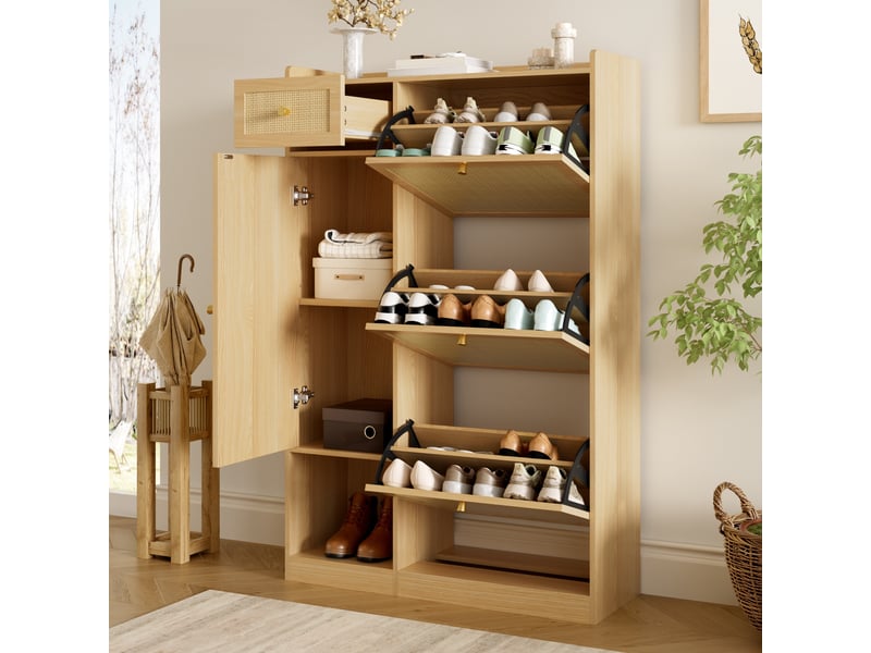  Meuble à chaussures - 80.5x25x125cm - meuble d'entrée 3 portes abattantes, 1 tiroir, cannage rotin - bois  - Conforama B