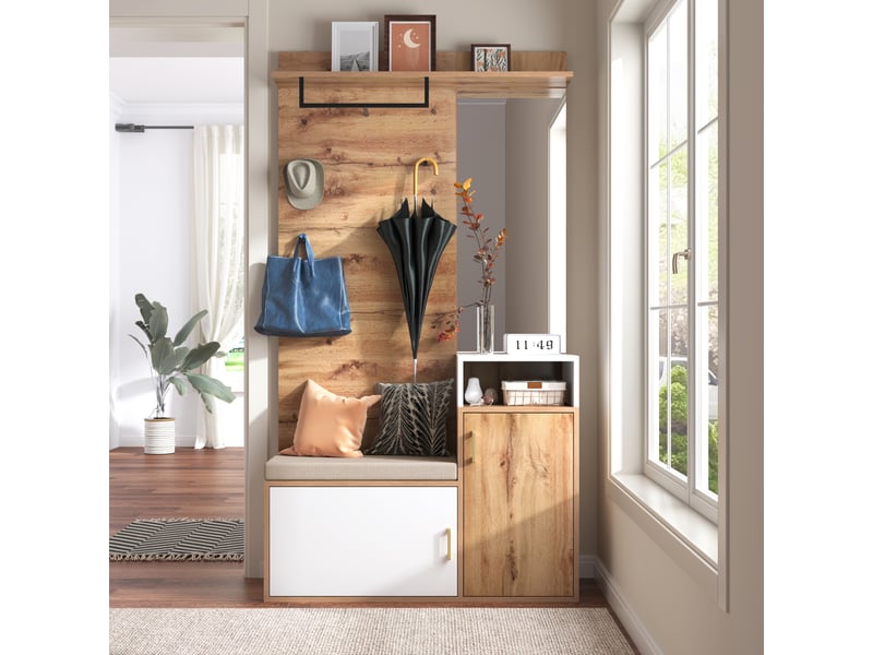 Portemanteau avec banc et rangement 105 x 190,5 cm en mdf blanc et bois - Conforama B